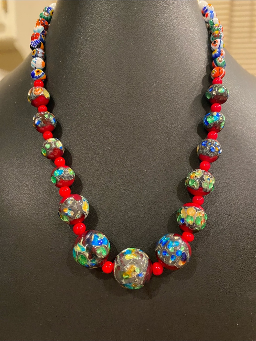 Multicolor Millefiori and Klimt Mosaic Glass Necklace with Red Accents